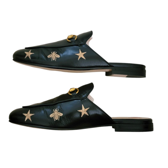 Gucci Bee Star Black Leather Horsebit Princetown Loafers Slides Flats Mules 7 37 - Picture 7 of 12